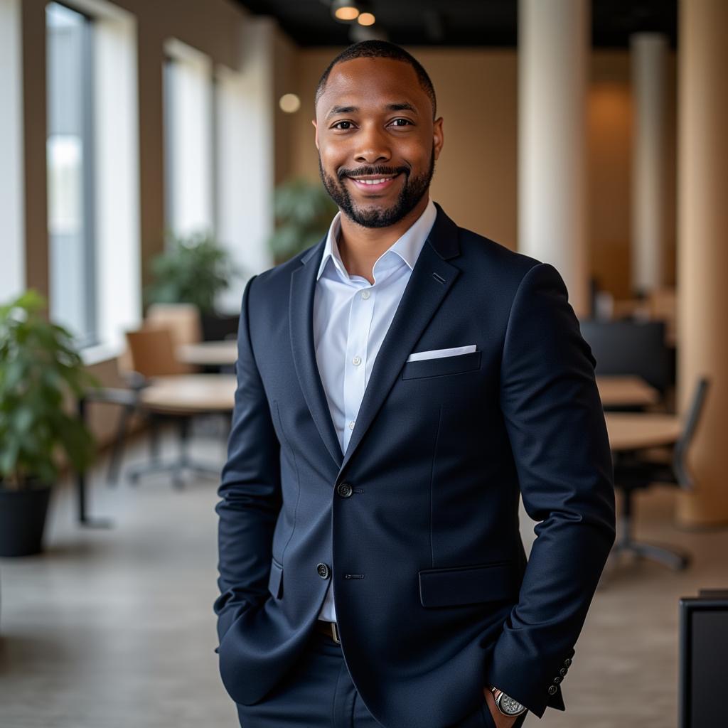 Marren Ellis, founder of Healthy Wealthy Solution, in a navy suit at the Montgomery office