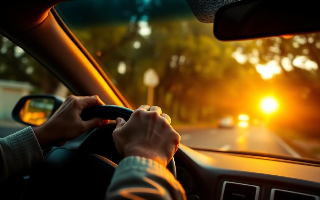 Driver's hands on a steering wheel on a tree-lined street at golden hour