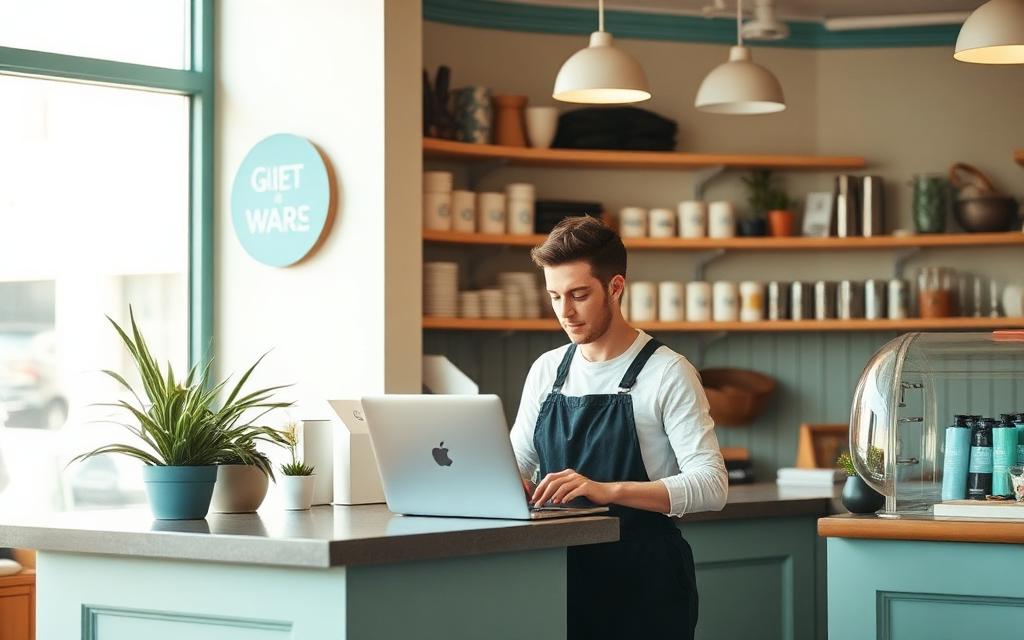 Small business owner working on a laptop at a shop counter