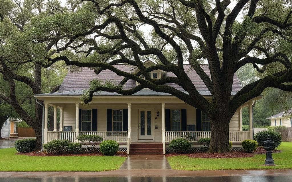 Southern home with a wide porch beneath mature oak trees after rain