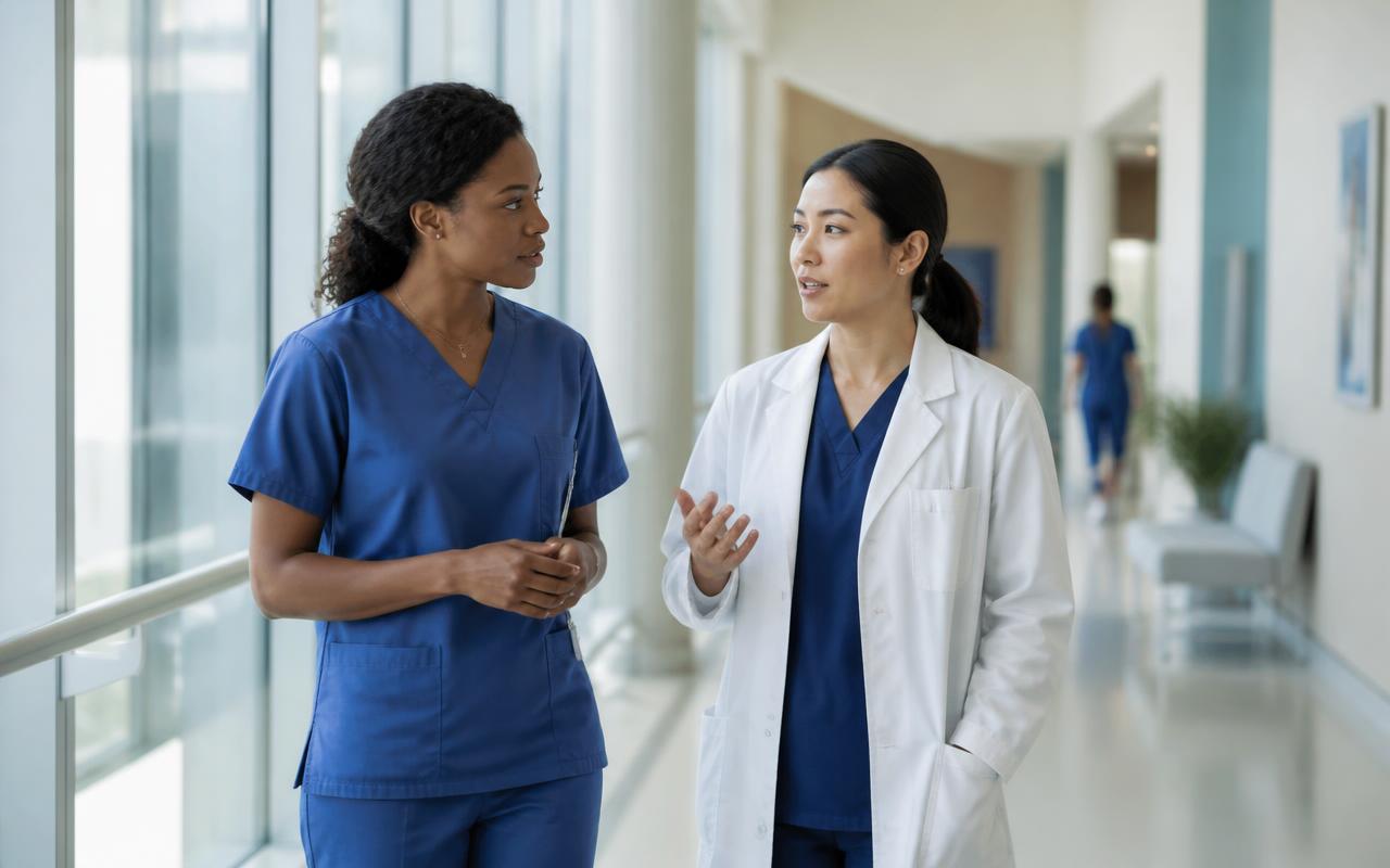 Two healthcare professionals talking in a bright clinic hallway
